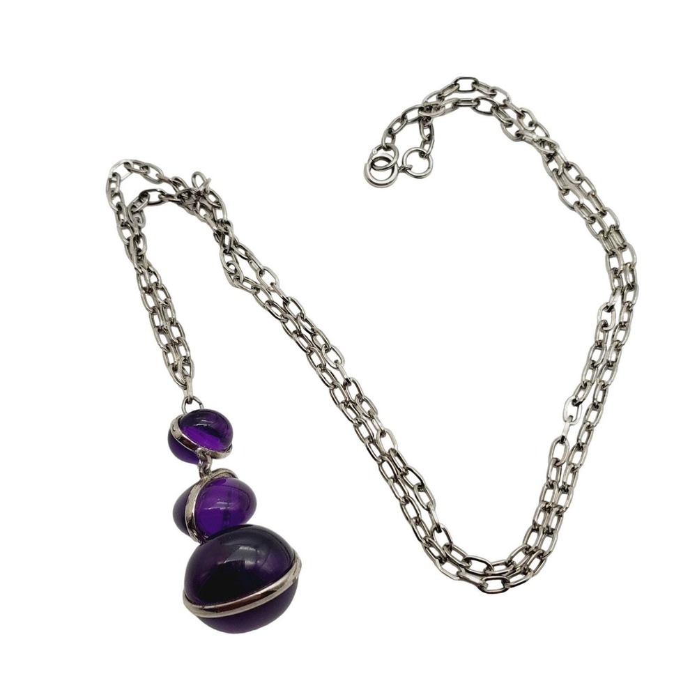 Modernist Purple Pendant Silver Tone Chain Necklace Lucite Acrylic Graduated MCM